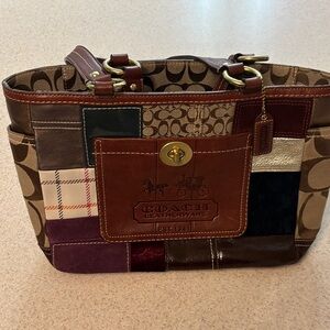 Coach Patchwork Shoulder Bag with Brown and Burgundy Accents